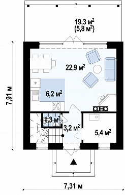 Проект небольшого мансардного дома из газобетона с панорамным остеклением дневной зоны / План 1 этажа