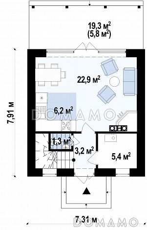 Проект небольшого мансардного дома из газобетона с панорамным остеклением дневной зоны / План 1 этажа