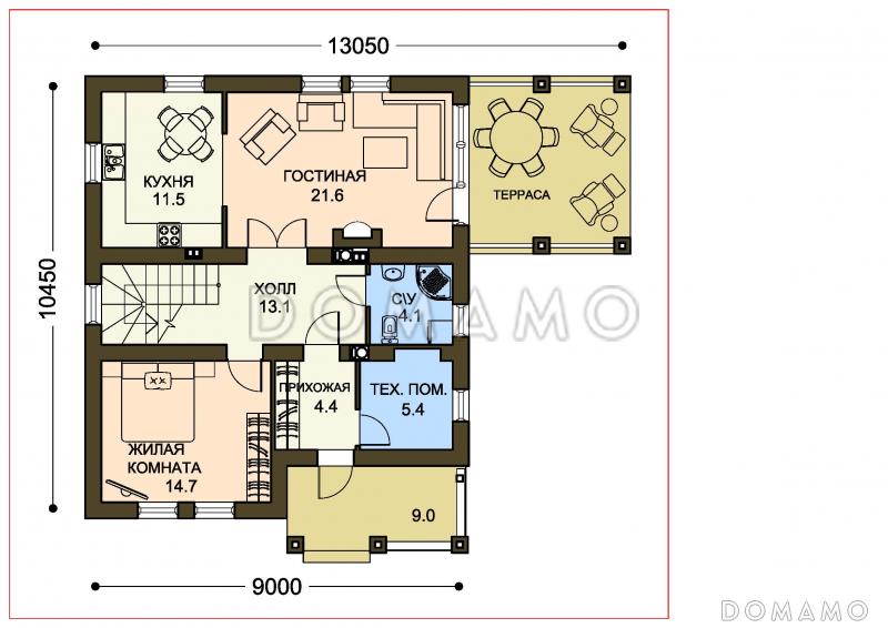 Проект компактного загородного дома с крытой террасой и большой лоджией / План 1 этажа