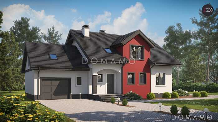 Проект одноэтажного мансардного дома из газобетона с кабинетом, эркером, балконом над ним и гаражом