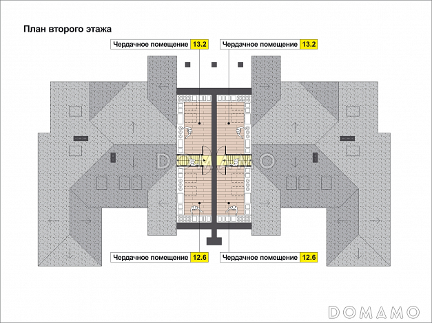 Проект дома с эркером в гостиной, комнатой на первом этаже, террасой, балконом, чердаком / План мансардного этажа
