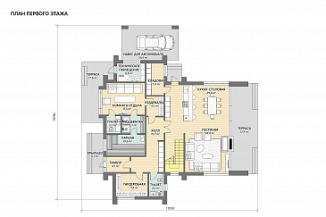 Проект каркасного дома в стиле барнхаус с мастер-спальней, СПА зоной и одноместным автонавесом / План 1 этажа