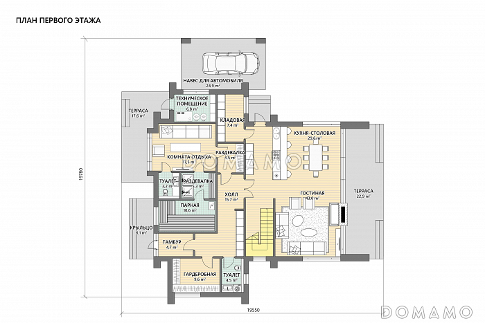 Проект каркасного дома в стиле барнхаус с мастер-спальней, СПА зоной и одноместным автонавесом / План 1 этажа