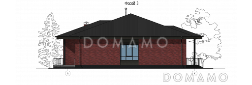 Проект одноэтажного дома с детскими комнатами, кабинетом, хозяйской спальней, террасой / Фасад 3