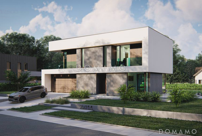 Проект загородного дома с гаражом на две машины, светлой гостиной, террасой, балконом