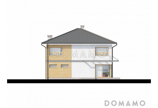 Проект двухэтажного дома из газобетона, адаптированный для сейсмозоны с четырьмя спальнями и удлинённым двухместным гаражом / Фасад 4