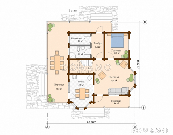 Проект дома из клееного бруса с просторной гэобразной крытой террасой / План 1 этажа