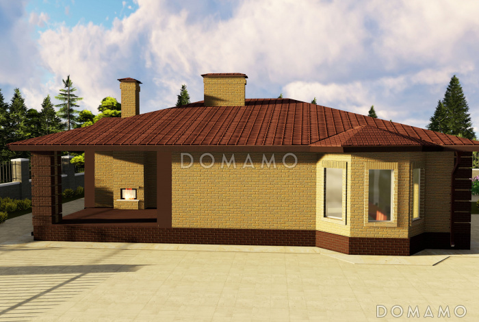 Проект одноэтажного дома с эркером в гостиной, крытой террасой с камином, большой кладовой с окном