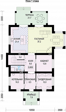 Проект двухэтажного особняка из газобетона с мансардой / План 1 этажа