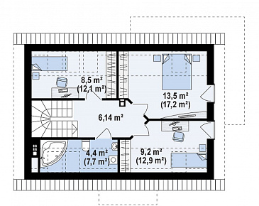 Проект одноэтажного мансардного дома из кирпича с угловым окном в кухонной зоне и кабинетом / План мансардного этажа