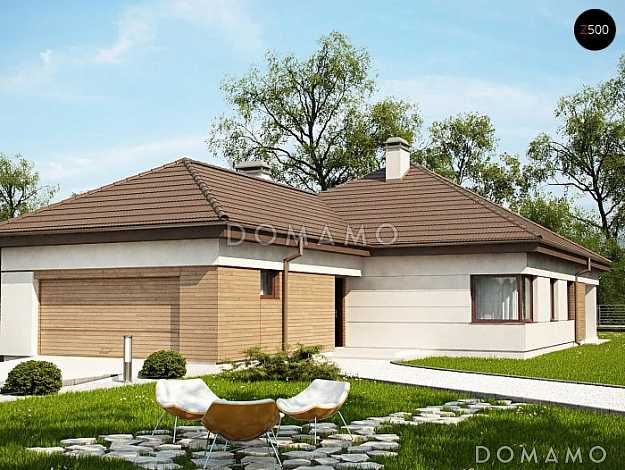 Проект просторного одноэтажного дома из газобетона с четырьмя комнатами, крытой угловой террасой и гаражом