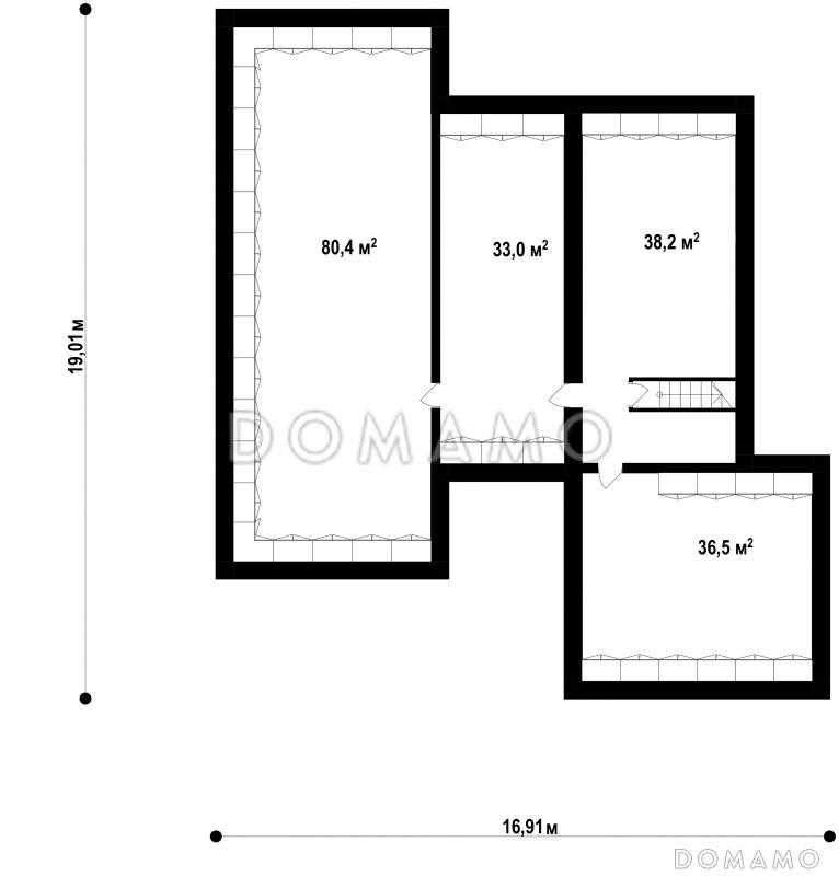 Проект одноэтажного дома с подвалом, гаражом на две машины, панорамным остеклением  гостиной / План цокольного этажа