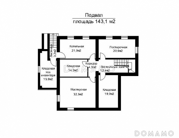 Проект двухэтажного загородного дома с высоким крыльцом / План цокольного этажа