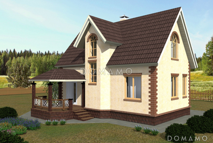 Проект небольшого дома из кирпича с большим крыльцом и эркером