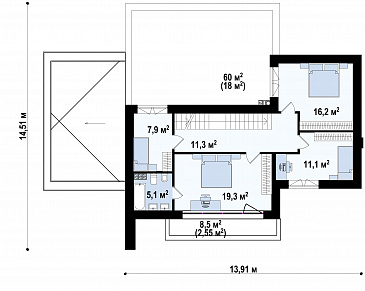 Проект современного двухуровневого дома из газобетона с несколькими террасами, двухместным гаражом и навесом / План 2 этажа