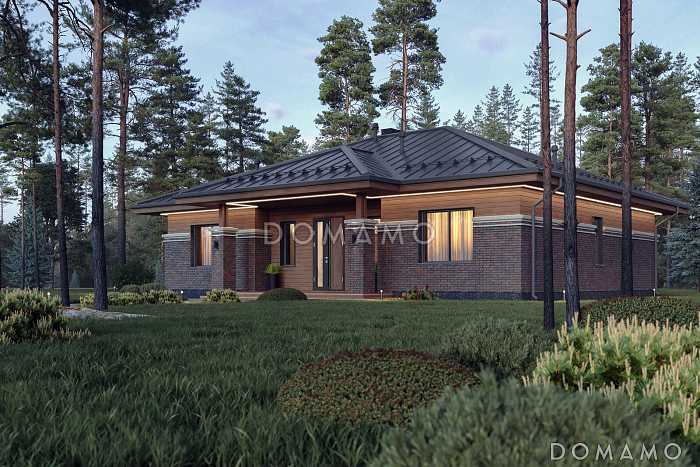 Проект каркасного дома в стиле Райта с тремя спальнями и просторной столовой-гостиной