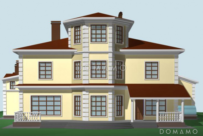 Проект большого двухэтажного дома с мансардой,с эркером, гаражом, сауной и бассейном