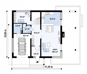 Проект простого комфортного двухэтажного дома из кирпича с тремя спальнями, вторым светом и гаражом / План 1 этажа