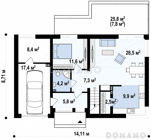 Проект мансардного дома из газобетона с четырьмя спальнями, вторым светом и гаражом  / План 1 этажа
