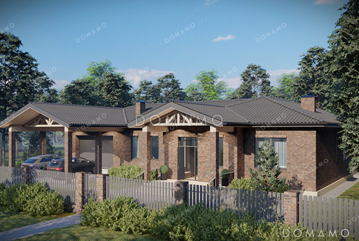 Проект дома с подвалом, гаражом, навесом, тремя спальнями и террасой