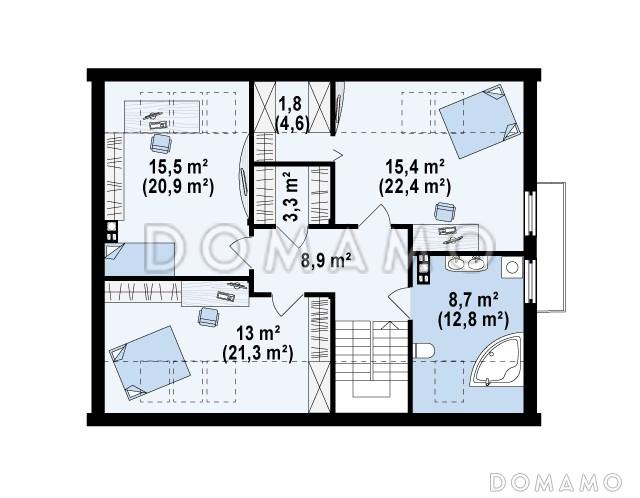 Проект одноэтажного мансардного дома из кирпича со стеклянным эркером в кухонной зоне, балконом над ним и гаражом / План мансардного этажа