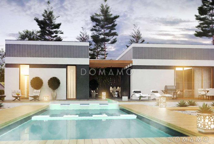 Проект современного одноэтажного дома из газобетона с тремя спальнями, гаражом и внутренним двориком переходящим в открытую террасу