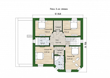 Проект кирпичного дома с 2 эркерами, 5 спальнями и гостиной с камином / План 2 этажа