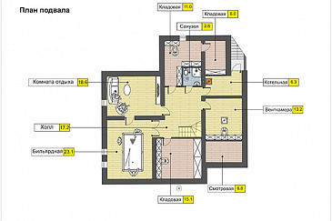 Дом с гаражом на одну машину, спальней на первом этаже, бильярдной в подвале / План цокольного этажа