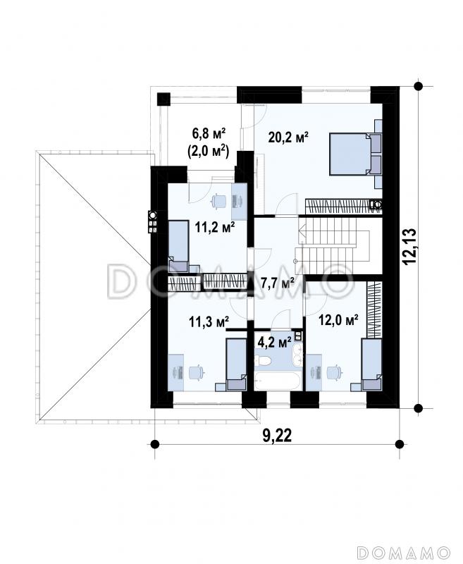 Проект двухэтажного дома с кухней с выходом на террасу и в гараж, кабинетом / План 2 этажа