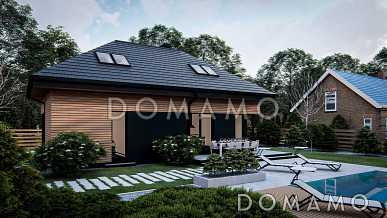 Проект загородного дома с мансардой, гаражом, санузлом на первом этаже, просторной дневной зоной