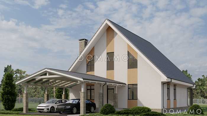 Проект одноэтажного газобетонного дома с мансардой, вторым светом и крытой террасой