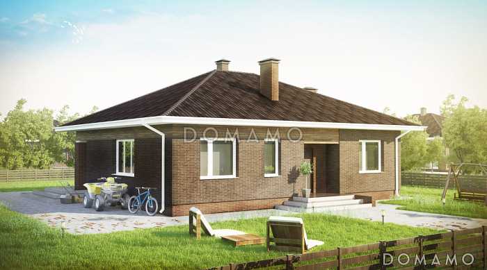 Проект компактного одноэтажного дома с террасой, с комбинированной отделкой