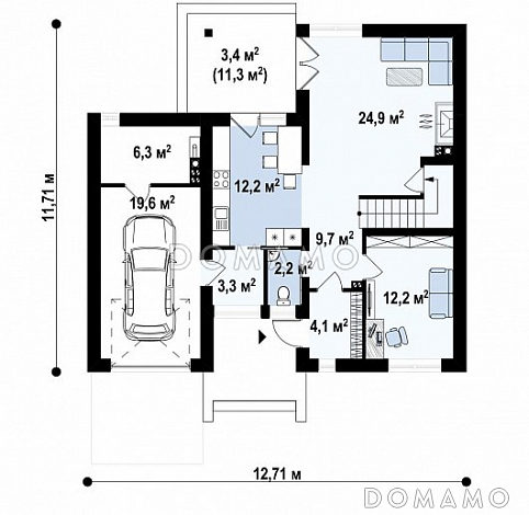 Проект двухэтажного дома с подвалом, гаражом, террасой, балконом / План 1 этажа