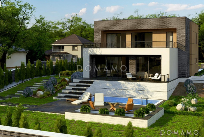 Проект современного двухэтажного дома из газобетона с плоской крышей, с четырьмя комнатами, гаражом и террасами на двух уровнях  