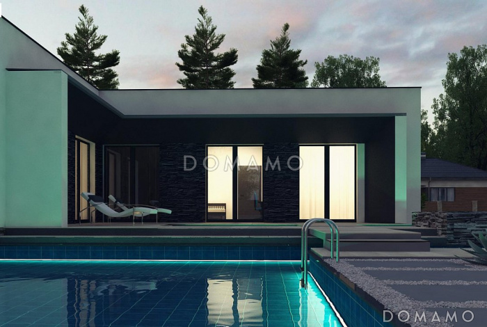 Проект современного одноэтажного дома из кирпича с плоской крышей, с тремя комнатами и гаражом