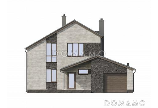 Проект двухэтажного газобетонного дома с гаражом и объединенной спальней, гардеробной и кабинетом / Фасад 2