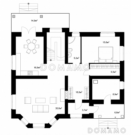 Проект газобетонного коттеджа со вторым светом и удобной хозяйской спальней / План 1 этажа
