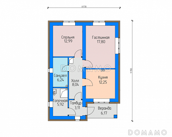 Проект небольшого загородного дома с верандой, санузлом с окном, изолированной кухней / План 1 этажа