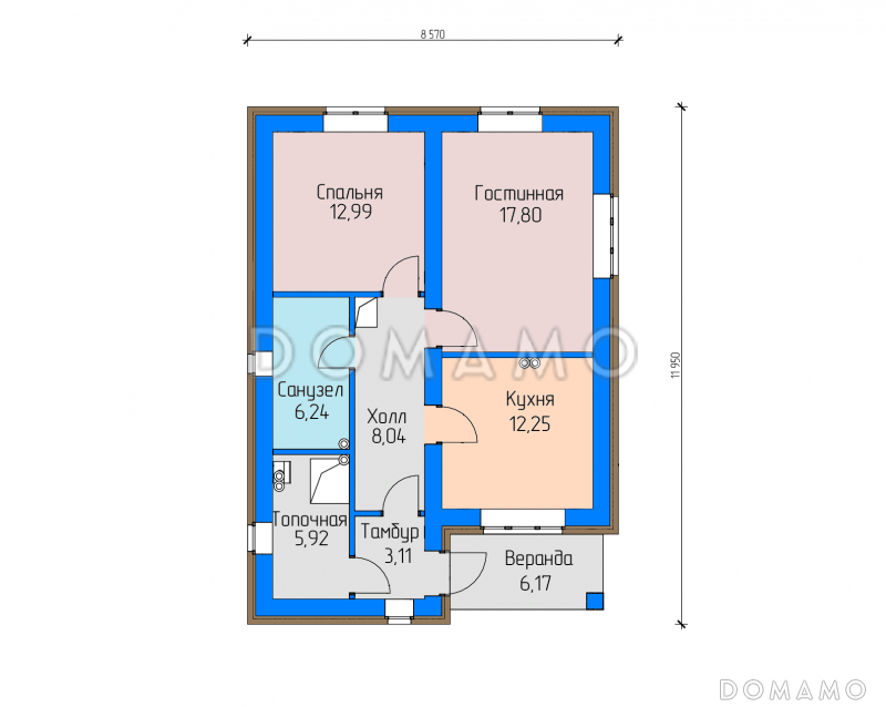Проект небольшого загородного дома с верандой, санузлом с окном, изолированной кухней / План 1 этажа