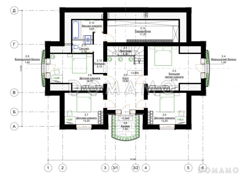 Проект особняка в классическом стиле с 5 спальнями, гаражом и открытой террасой / План 2 этажа