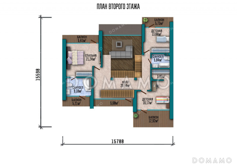 Проект большого двухэтажного дома с гаражом и террасой / План 2 этажа
