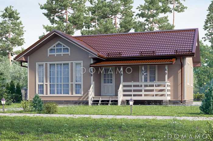 Проект бюджетного дома из клееного бруса с небольшой крытой террасой
