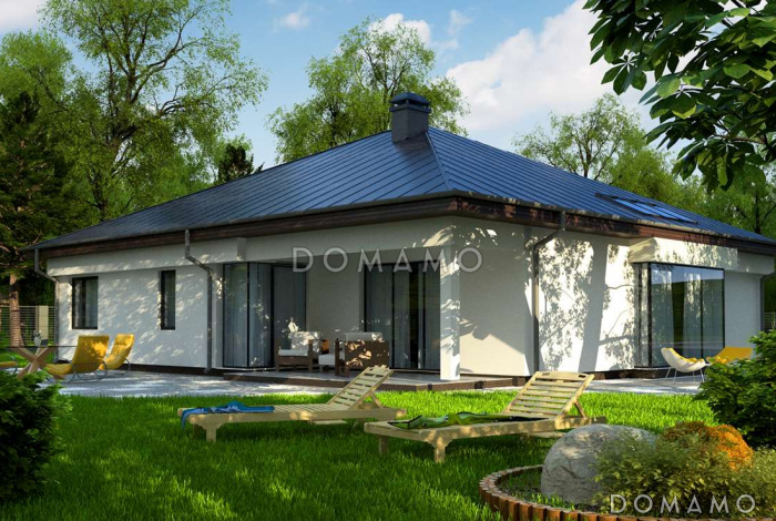 Проект одноэтажного дома из газобетона со стеклянным эркером в более просторной гостиной и гаражом на два автомобиля