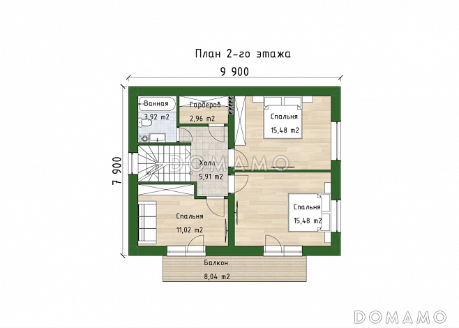 Проект компактного двухэтажного дома с 3 спальнями, гостиной и балконом / План 2 этажа
