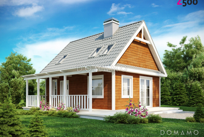 Проект компактного одноэтажного мансардного дома из кирпича с тремя спальнями и фронтальной террасой