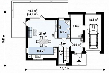 Проект дома с гаражом, кладовой, ванной с угловым окном, террасой на втором этаже / План 1 этажа