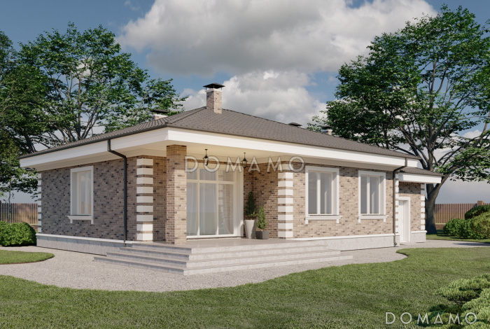 Проект одноэтажного кирпичного дома с тремя спальнями, гаражом и террасой