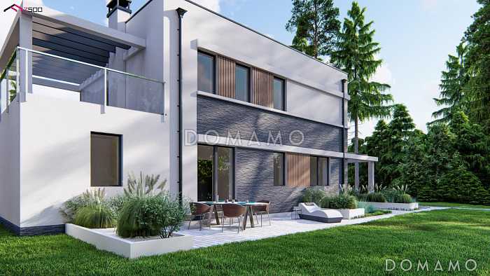 Проект двухэтажного дома с плоской крышей и второй террасой над гаражом