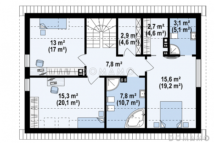 Проект одноэтажного мансардного дома из газобетона в современном стиле, со встроенным гаражом / План мансардного этажа