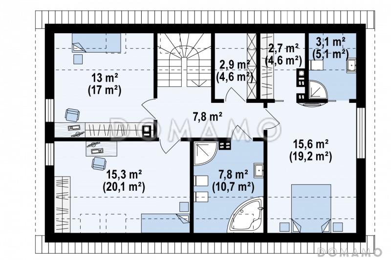 Проект одноэтажного мансардного дома из газобетона в современном стиле, со встроенным гаражом / План мансардного этажа
